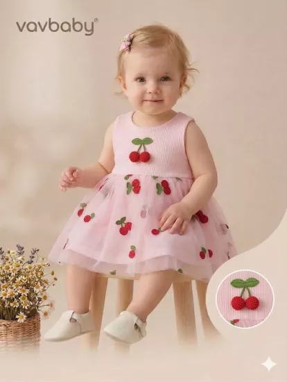 Kiraz Nakışlı Tül Detaylı Bebek Elbisesi Pembe