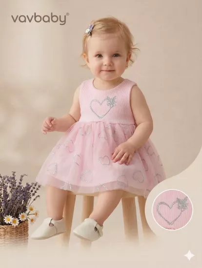 Kız Bebek Kalp Nakışlı Tül Detaylı Elbise Pembe