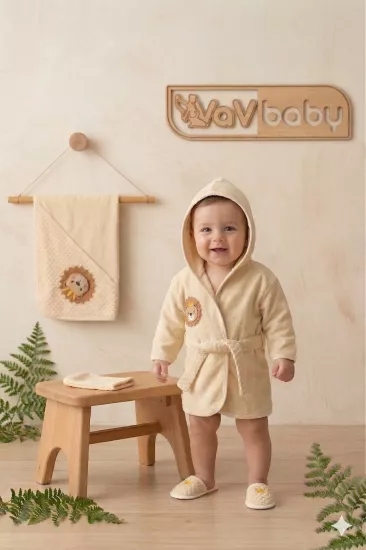 VaVbaby Organik Bambu Bebek Havlu Bornoz Seti Bebek Havlu Kundak Lion
