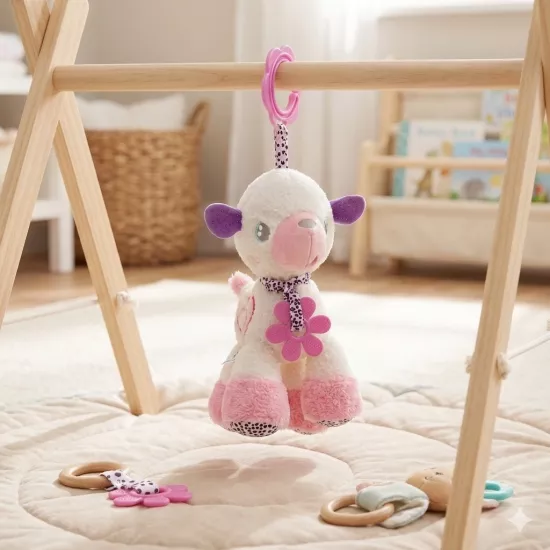 Sevimli Kuzu Figürlü Diş Kaşıyıcılı ve Asılabilir Puset Oyuncağı