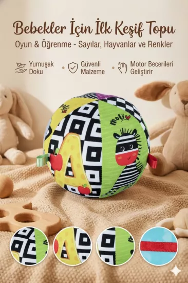 Yumuşak Kumaş Eğitici Çıngıraklı Top - Harfler