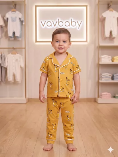 Pamuklu Kruvaze Yaka Önden Düğmeli Aslan Kral Desenli Mevsimlik Alt Üst Pijama Takım (Sarı)