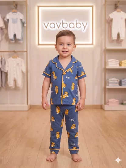  Pamuklu Kruvaze Yaka Önden Düğmeli Aslan Kral Desenli Mevsimlik Alt Üst Pijama Takım (Mavi)