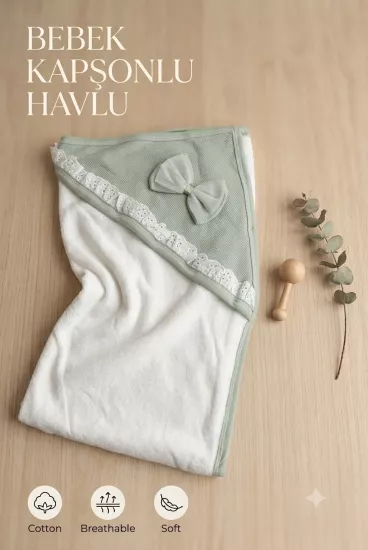 Kız ve Erkek Bebek Havlu Bornoz - Fiyonklu, Kenar Detaylı, Süper Emici ve Yumuşak-Mint Yeşili