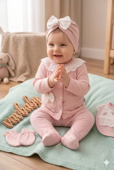 Kız Bebek Ayıcık Nakışlı Pamuklu 5’li Hastane Çıkışı Seti-Pembe