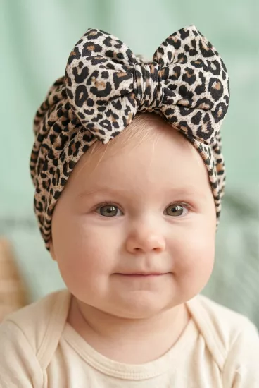 Kız Bebek Lüks Desenli Büyük Fiyonklu Bebek Bonesi - Bebek Saç Bandı-Leopar