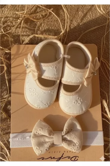 VaVbaby Kız Bebek Fiyonklu Yenidoğan Bebek Ayakkabısı - Mevlüt Ayakkabısı Bej