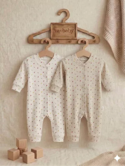 Lale Desenli Pamuklu Raporlu Kumaş Bebek Tulum Seti - 2’li Paket (Beyaz-Bej)