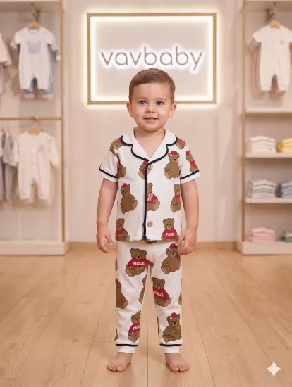  Pamuklu Kruvaze Yaka Önden Düğmeli Teddy Ayıcık Desenli Mevsimlik Alt Üst Pijama Takım