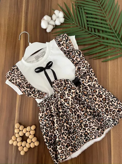 VaVbaby Leoparlı Fiyonklu Kız Bebek Elbise 2 li Takım