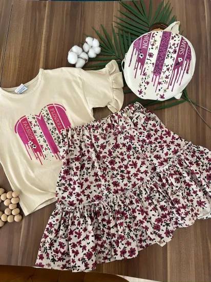 VaVbaby Yazlık Çiçekli Etekli Kalp Çantalı Takım