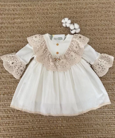 VaVbaby Boncuklu Dantelli Naturel Kız Bebek Elbise
