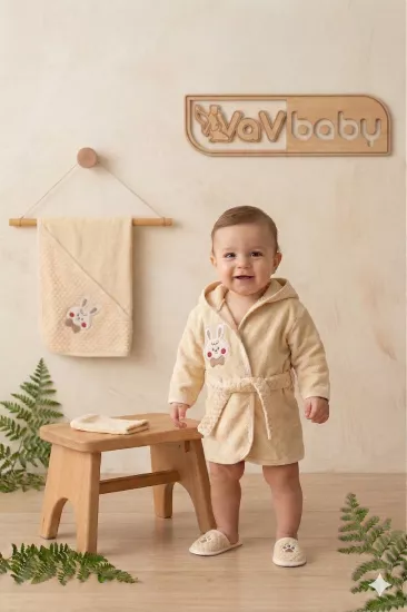 VaVbaby Organik Bambu Bebek Havlu Bornoz Seti Bebek Havlu Kundak Rabbit