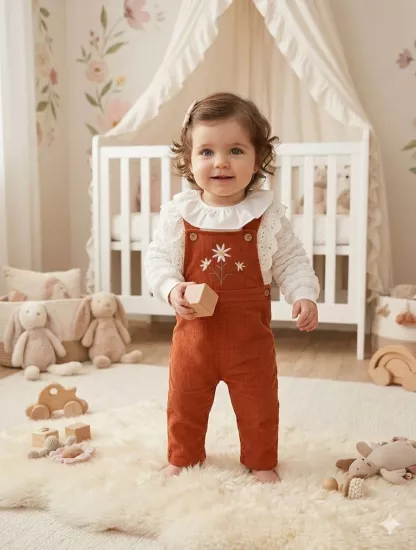 Çiçek Nakışlı Fitilli Kadife Bebek Salopet ve Fırfırlı Bluz Takımı