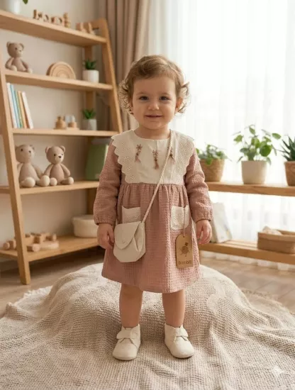 Dantel Yaka Detaylı Pamuklu Bebek Elbisesi ve Mini Omuz Çantası