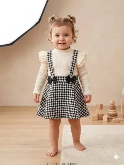 Kız Bebek Kazayağı Desenli Jile Elbise ve Fırfırlı Fitilli Bluz 2’li Takım Beyaz