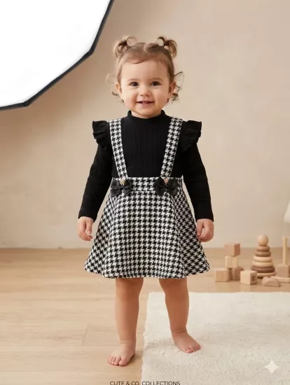 Kız Bebek Kazayağı Desenli Jile Elbise ve Fırfırlı Fitilli Bluz 2’li Takım Siyah