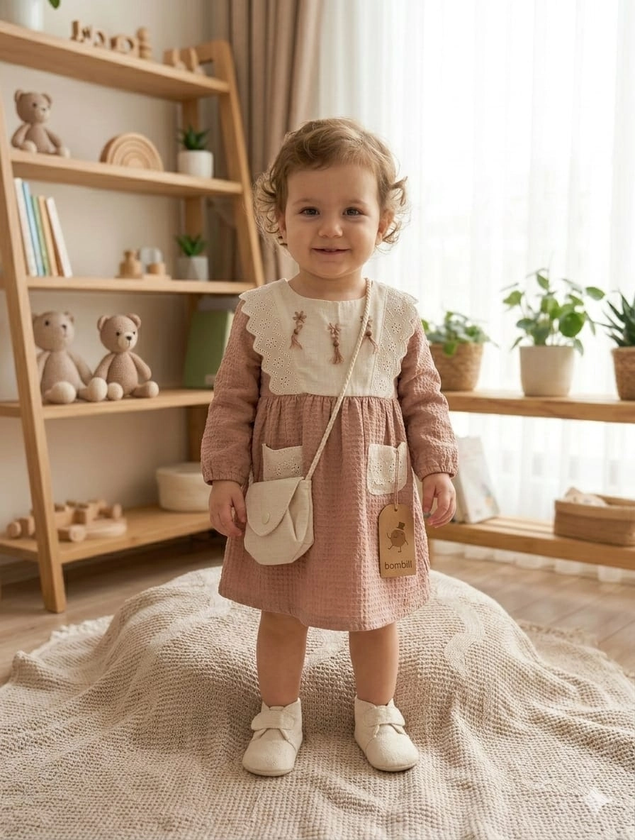 Dantel%20Yaka%20Detaylı%20Pamuklu%20Bebek%20Elbisesi%20ve%20Mini%20Omuz%20Çantası